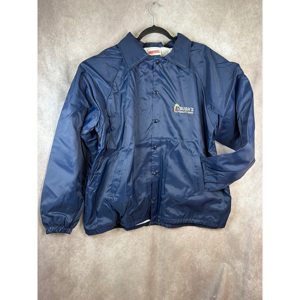 VTG 90s Hartwell Bushs Quality Foods Navy Snap Front Sz XL Lined‎ Windbreaker